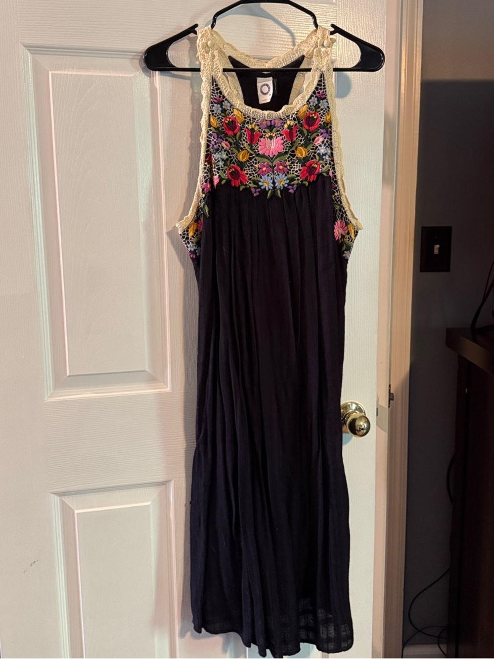 Boho Embroidered Black Cotton Dress with Cream Crochet Trim